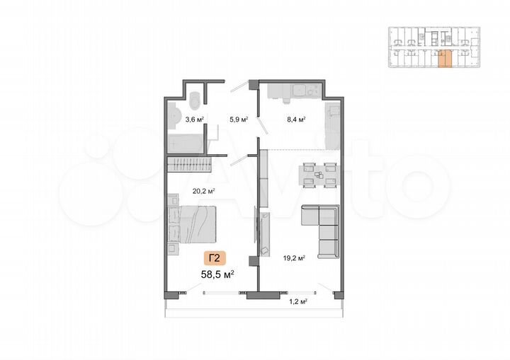 2-к. апартаменты, 58,5 м², 5/15 эт.