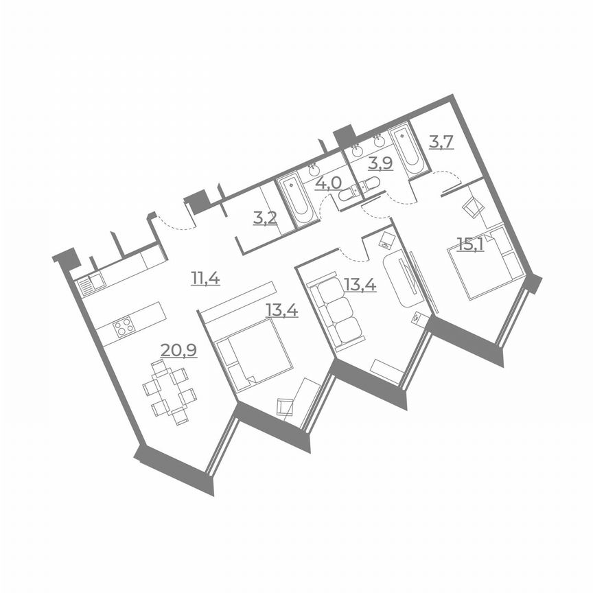 3-к. апартаменты, 89,1 м², 21/21 эт.
