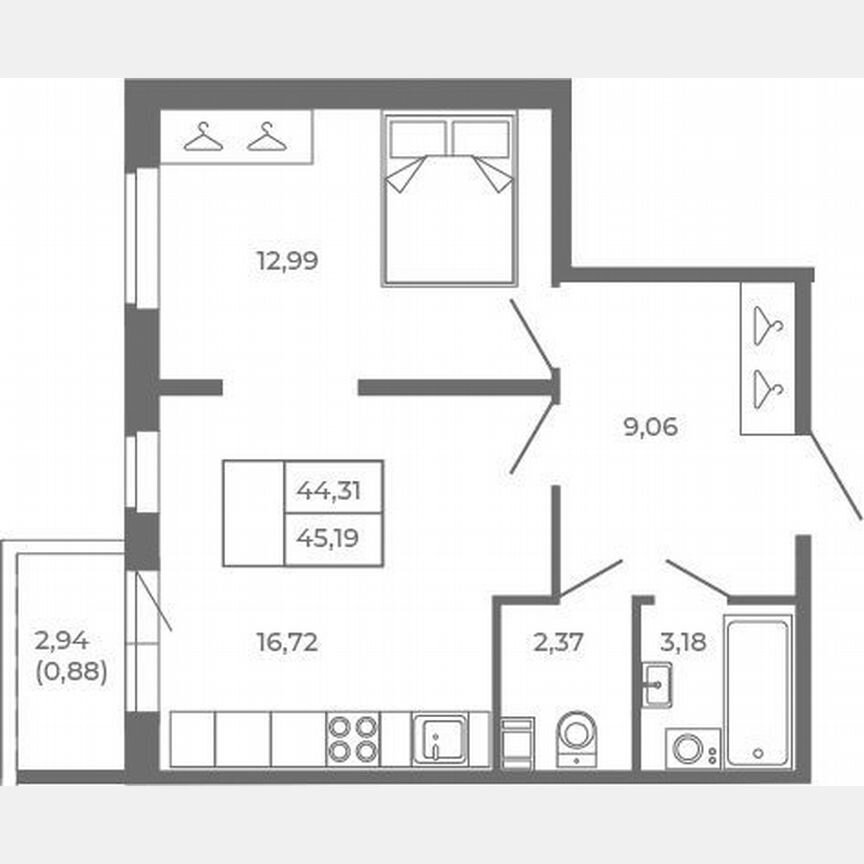 2-к. квартира, 44,3 м², 2/4 эт.