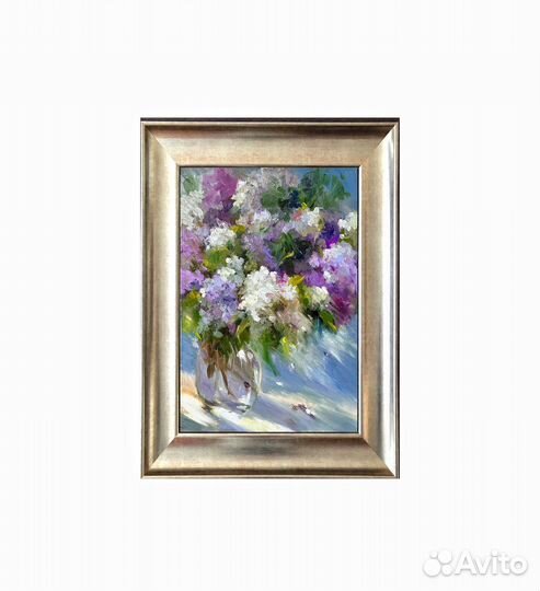 Картина маслом «Сирень на голубом»
