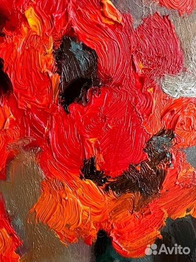 Картина маслом цветы букет красные маки в вазе