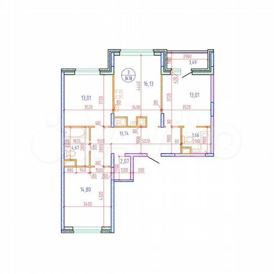 3-к. квартира, 84,6 м², 4/17 эт.