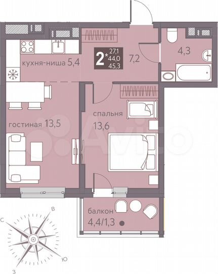 2-к. квартира, 45,3 м², 4/16 эт.