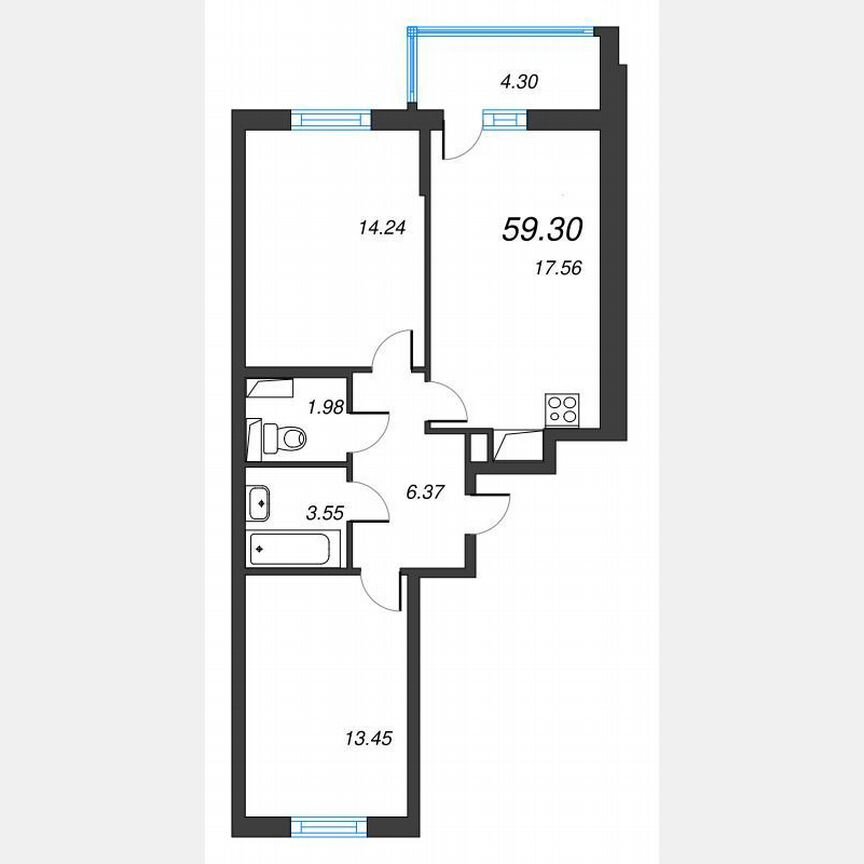 2-к. квартира, 61,5 м², 18/22 эт.