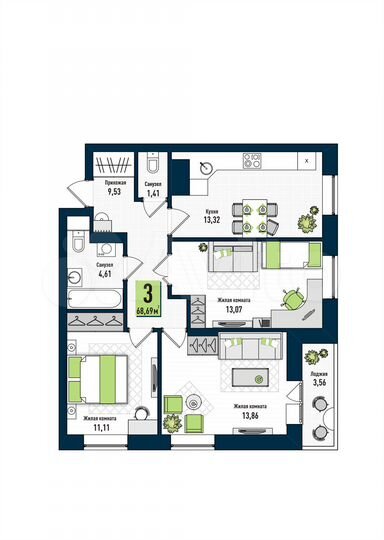 3-к. квартира, 68,7 м², 16/17 эт.