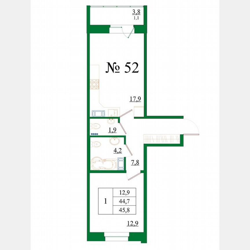 1-к. квартира, 45,8 м², 6/8 эт.