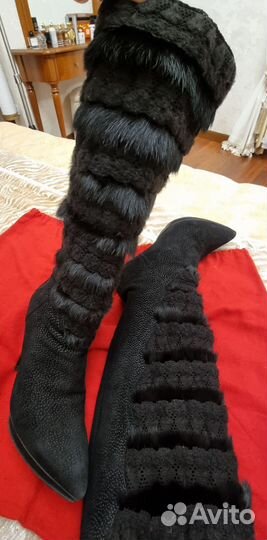 Сапоги, Италия, р. 38. Замша, кружево, мех норки