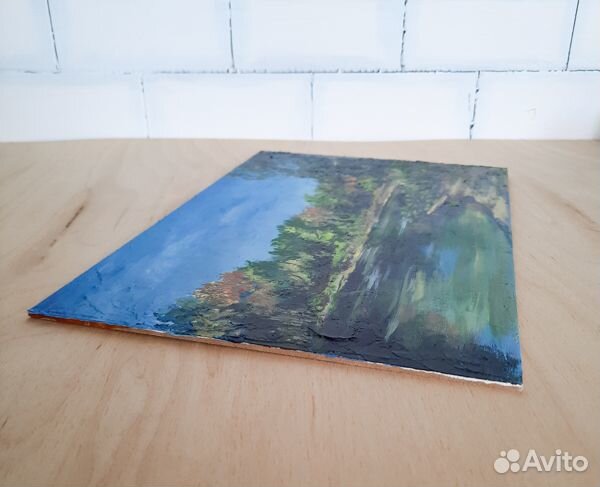 Картина с березами прудом Пейзаж озеро Лес Этюд