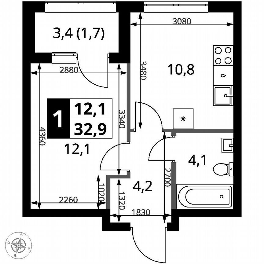 1-к. квартира, 32,9 м², 2/16 эт.