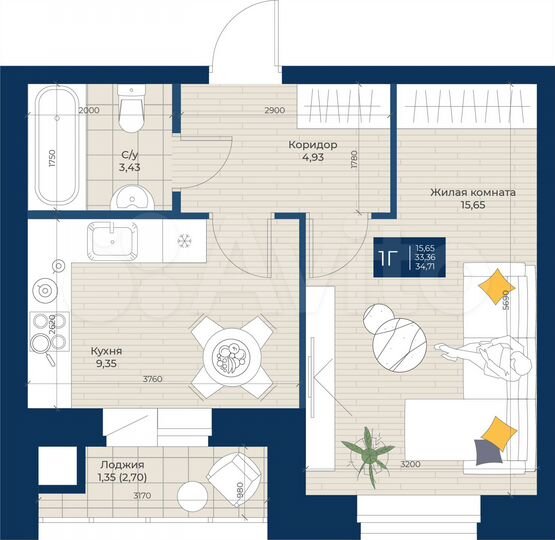 1-к. квартира, 34,7 м², 3/5 эт.