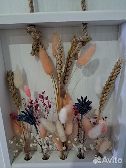 Сухоцветы в рамке с колбами