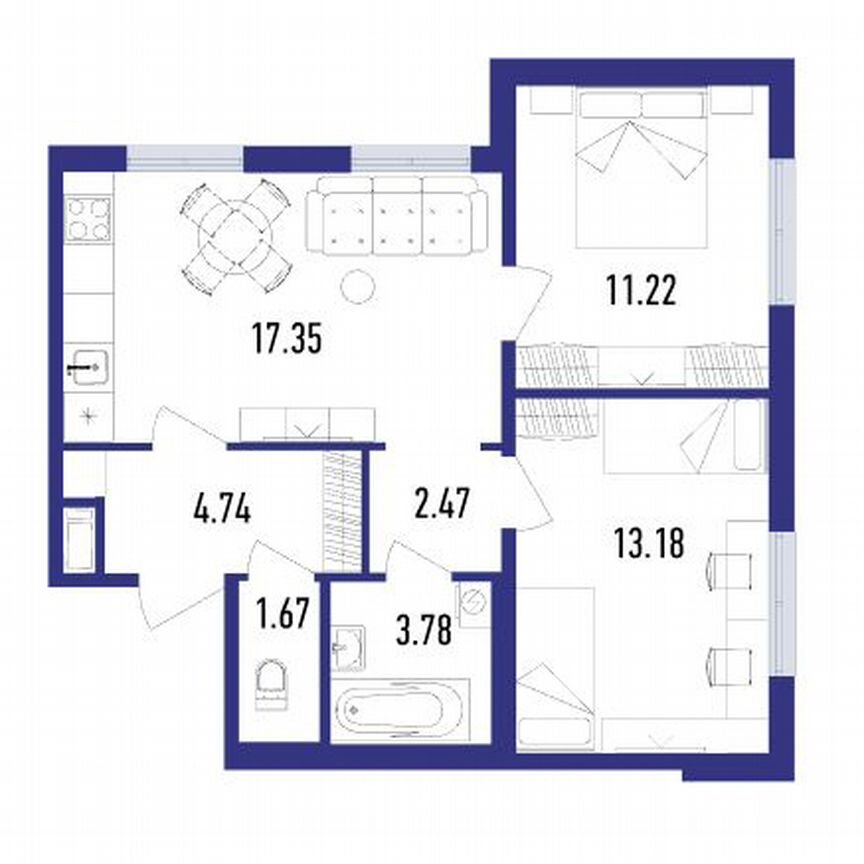 2-к. квартира, 54 м², 2/12 эт.