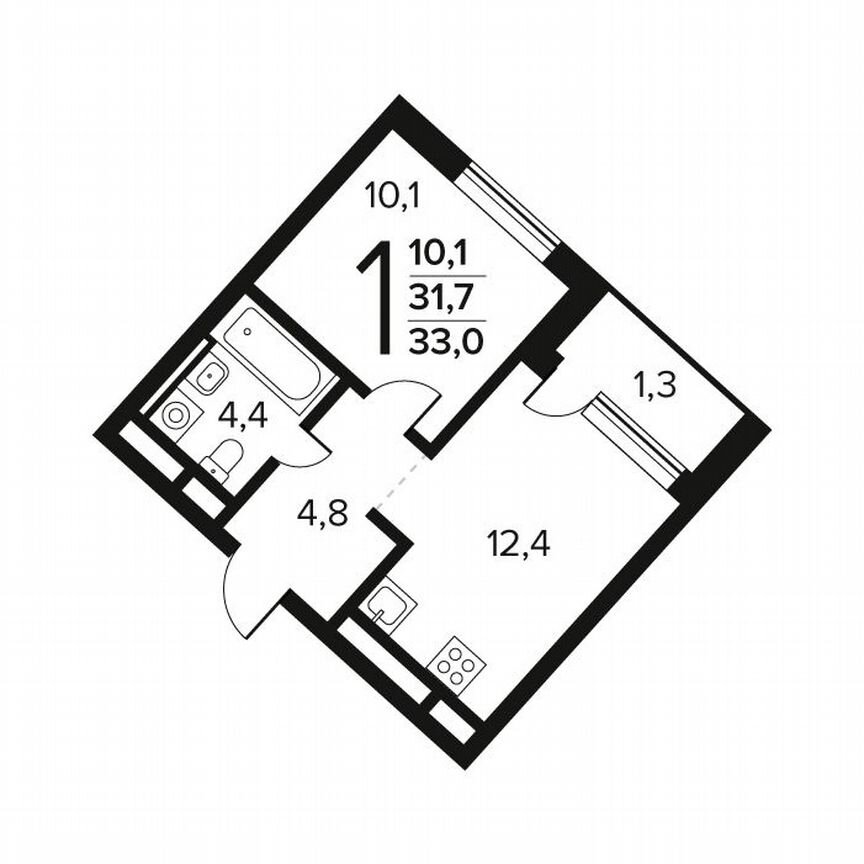 1-к. квартира, 33 м², 4/12 эт.