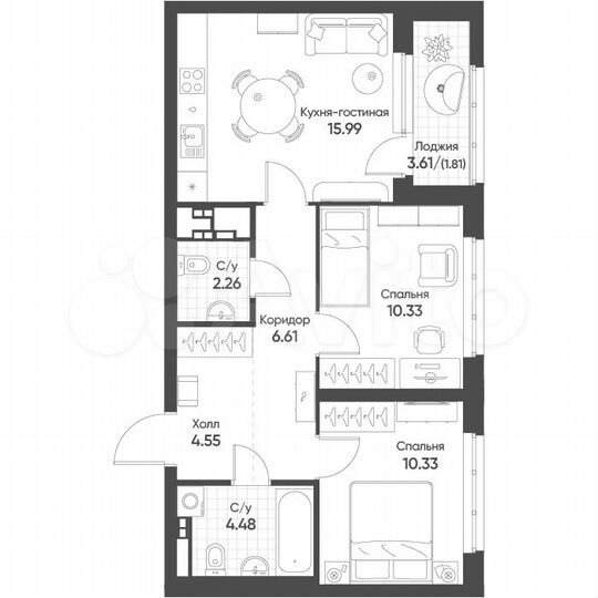 2-к. квартира, 56,4 м², 8/16 эт.