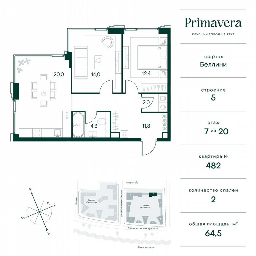 2-к. квартира, 64,5 м², 7/20 эт.
