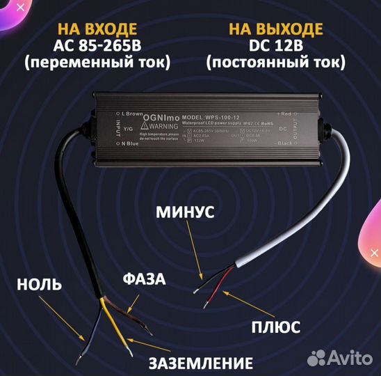 Блок питания 12v 100w IP67 для светодиодной ленты