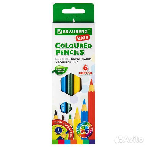 Карандаши цветные утолщенные brauberg kids 6 цвето