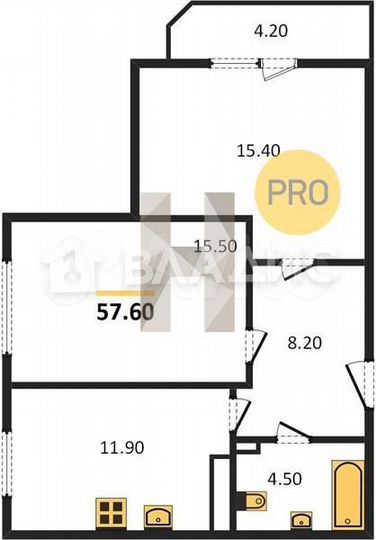 2-к. квартира, 57,6 м², 4/9 эт.