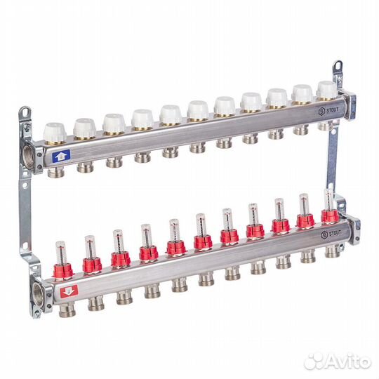 Коллекторная группа с расходомерами нержавеющая сталь Stout 1 вр(г) х 11 выходов 3/4 нр(ш) ек х 1 вр