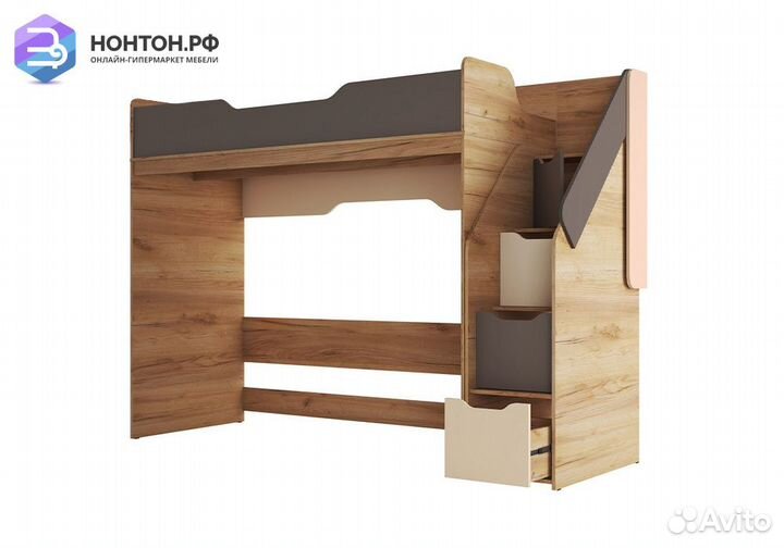 Кровать-чердак Rich дуб крафт золотой / миндаль