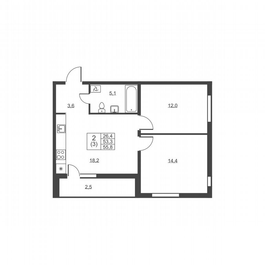 2-к. квартира, 55,8 м², 1/8 эт.