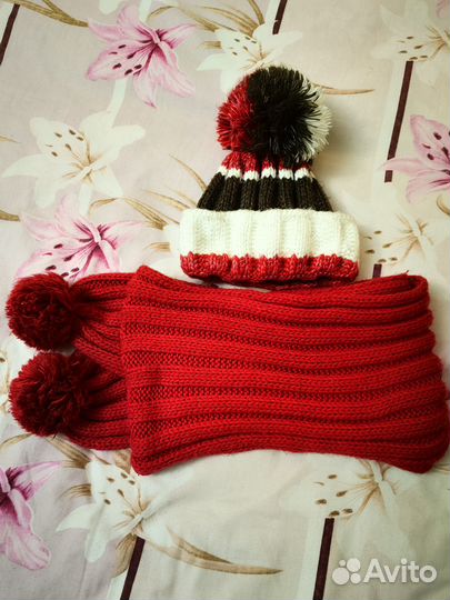 Шапка + Шарф жен. теплый зимний комплект вязанные