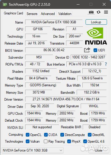 Под ремонт MSI GeForce GTX 1060 armor 3gb