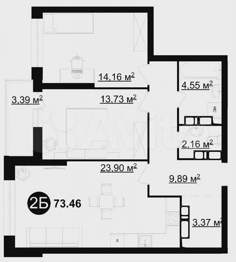 2-к. квартира, 73,5 м², 6/25 эт.