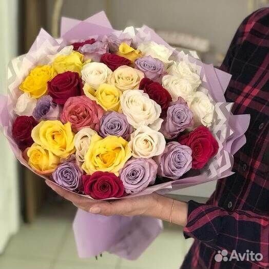 Букет разноцветных роз, Эквадор, 50см 13 шт