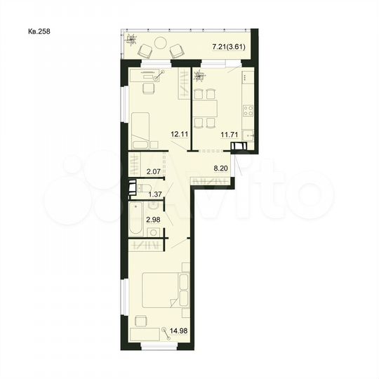 2-к. квартира, 57 м², 3/5 эт.