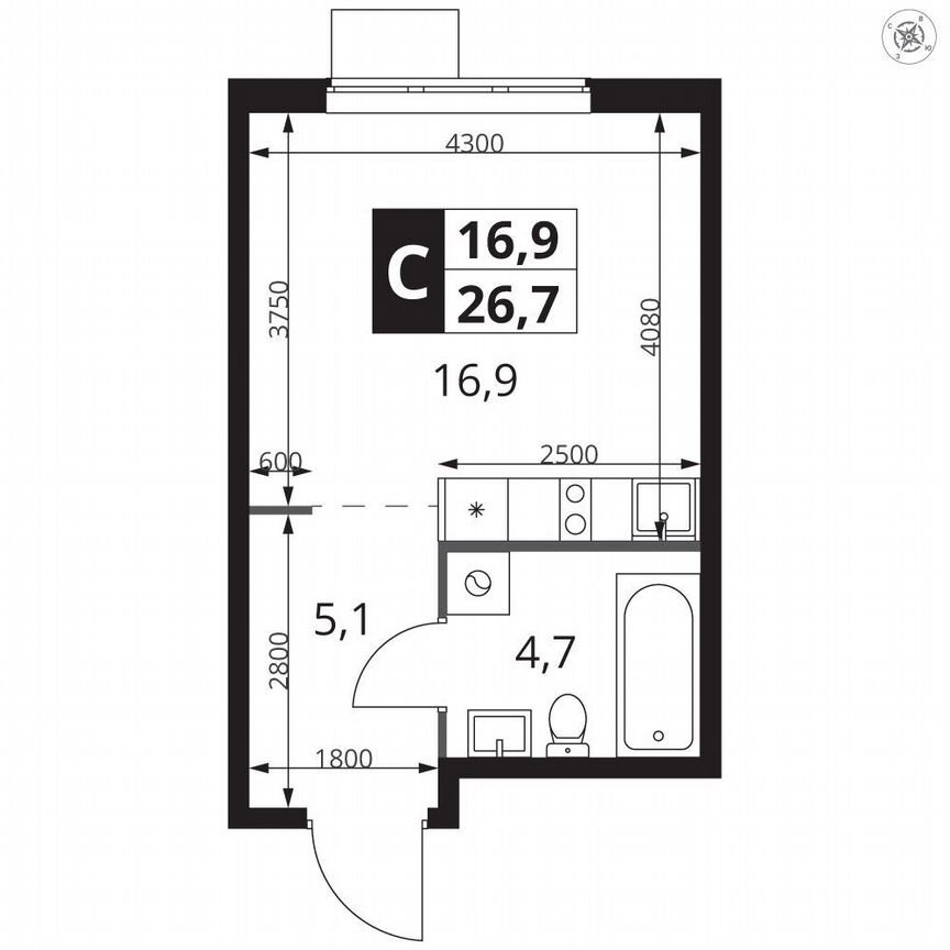 Квартира-студия, 26,7 м², 20/23 эт.