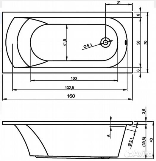 Ванна акриловая B059001005 Miami 160х70 Чехия