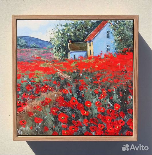 Картина маслом на холсте, пейзаж, красные маки