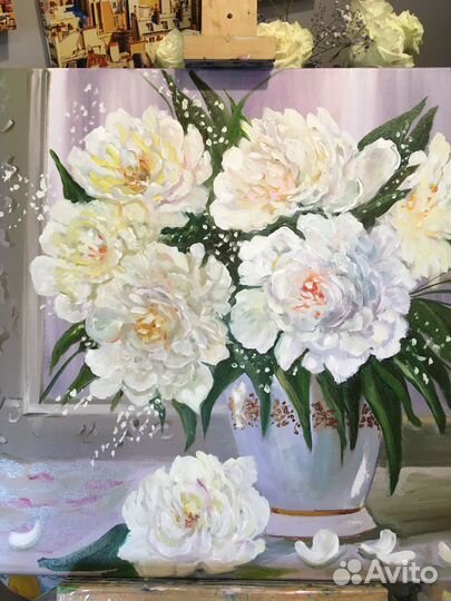 Картина пионы/ белые цветы/картина маслом