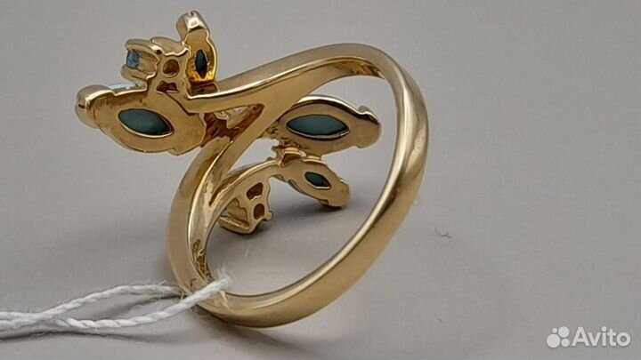Кольцо золотое с бирюзой и голубым топазом 585 про