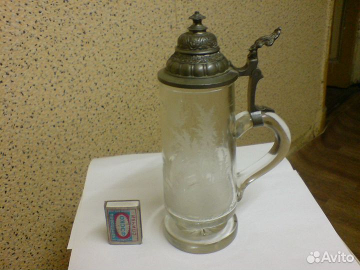 Кружка пивная, стекло, олово, старинная