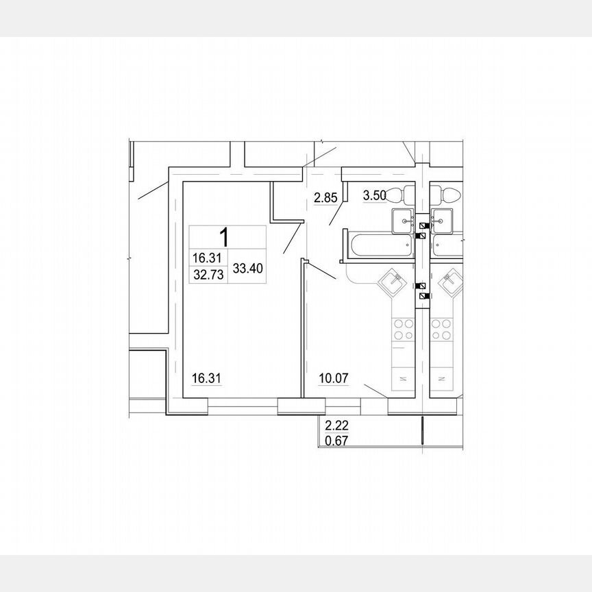 1-к. квартира, 33,4 м², 2/3 эт.