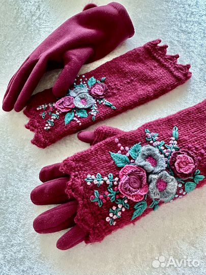 Митенки вязаные бохо перчатки теплые бордовые