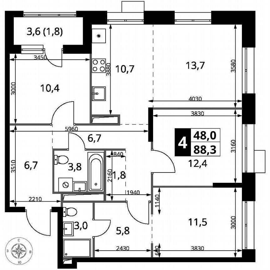 3-к. квартира, 88,3 м², 20/25 эт.