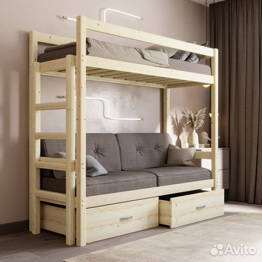 Кровать чердак с диваном из массива