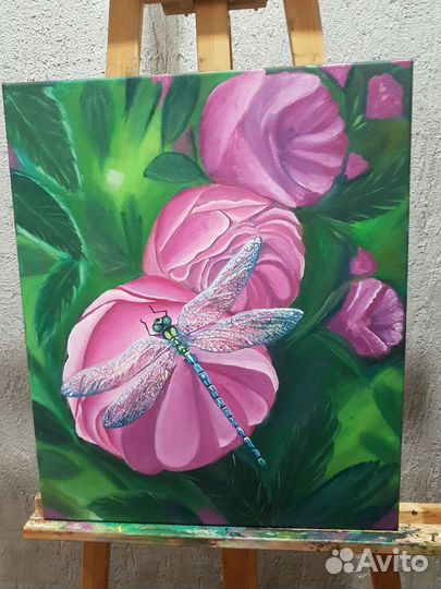 Картина маслом на холсте стрекоза в саду