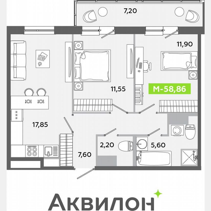 2-к. квартира, 58,9 м², 8/12 эт.
