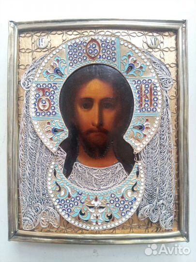 Икона Спас Нерукотворный серебро эмаль скань