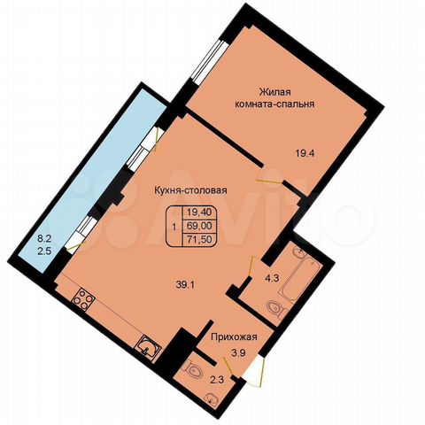 1-к. квартира, 71,5 м², 1/9 эт.