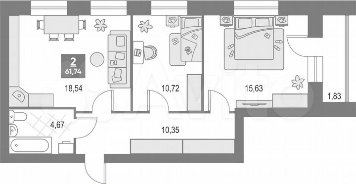 2-к. квартира, 61,7 м², 2/4 эт.