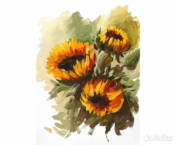 Картина подсолнухи масло холст букет в вазе цветы