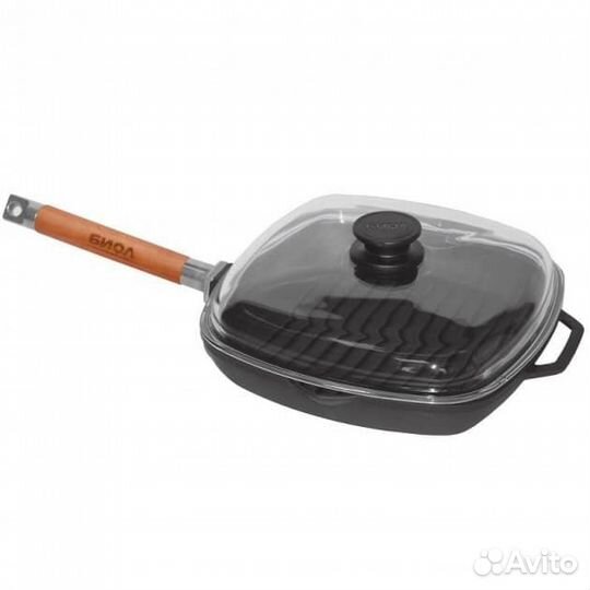 Сковорода-гриль чугунная с стеклянной крышкой 280х