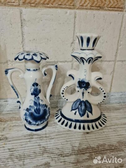 Подсвечники, ваза, доска фарфор Гжель