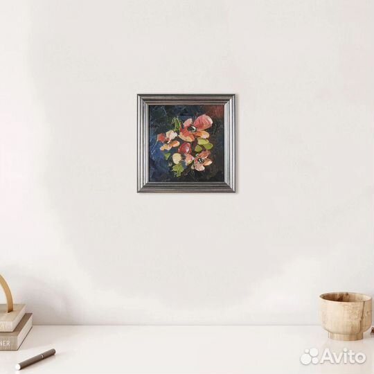 Красные маки в раме картина маслом 10х10 см