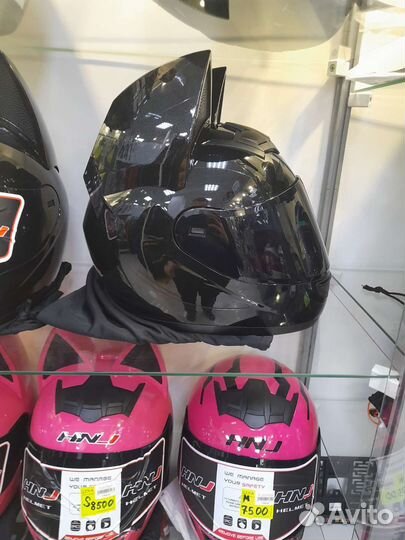 Мото шлем F-933 с ушками черный глянцевый